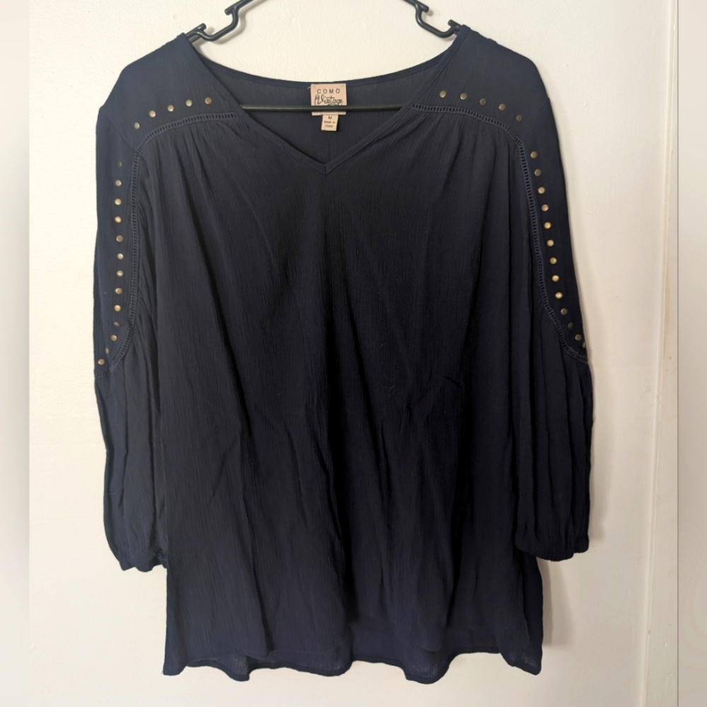 Como Vintage Women's Beaded Navy‎ Blue Blouse Size M